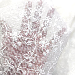 White Chikankari Kota Doria Fabric with Floral Self Embroidery