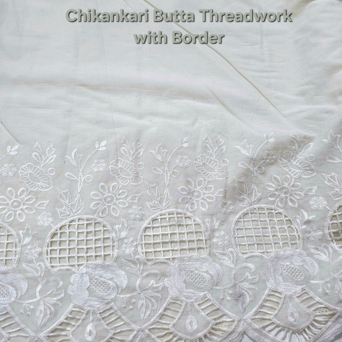 Off-White Cotton Chikankari Fabric with Floral Cutwork Border