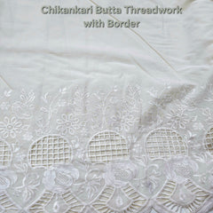 Off-White Cotton Chikankari Fabric with Floral Cutwork Border