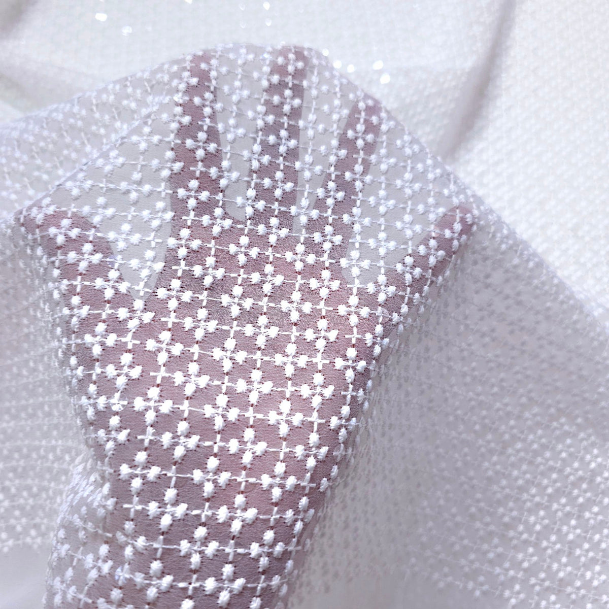 White Georgette Fabric with Floral Threadwork & Transparent Sequin