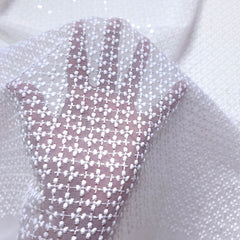 White Georgette Fabric with Floral Threadwork & Transparent Sequin