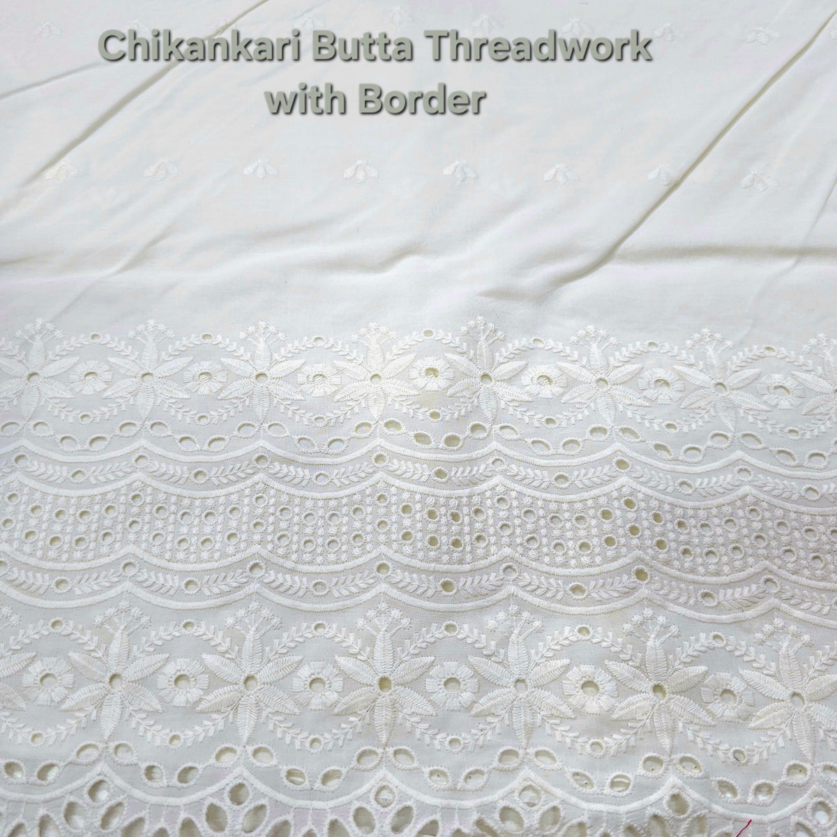 Off-White Cotton Fabric with all over Chikankari Butta Work  & Floral Hakoba Border