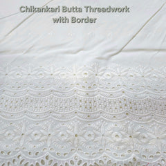 Off-White Cotton Fabric with all over Chikankari Butta Work  & Floral Hakoba Border