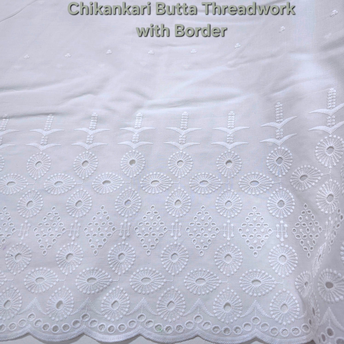 White Cotton Fabric with all over Chikankari Butta Work  & Floral Hakoba Border