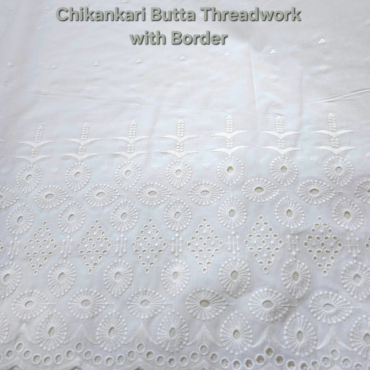 Off-White Cotton Fabric with all over Chikankari Butta Work  & Floral Hakoba Border