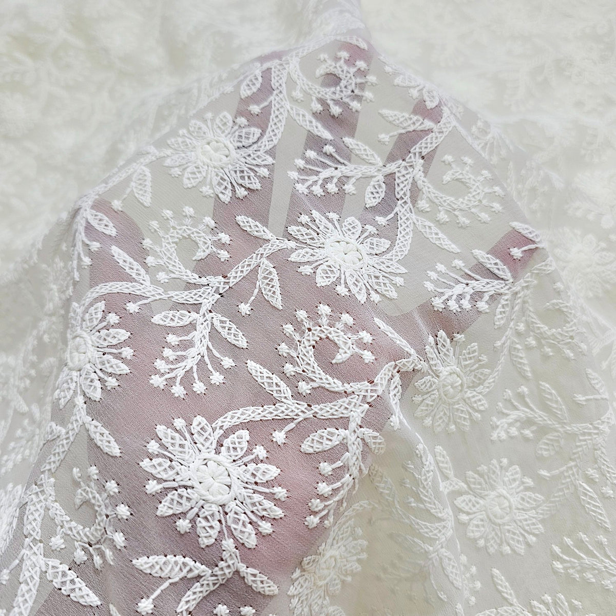 Cream Off-White Color Georgette Fabric with all over Floral Chikankari Work
