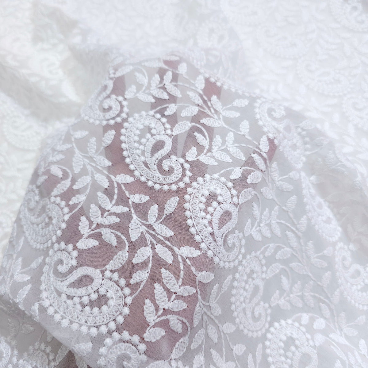 White Georgette Fabric with all over Chikankari Paisley Work