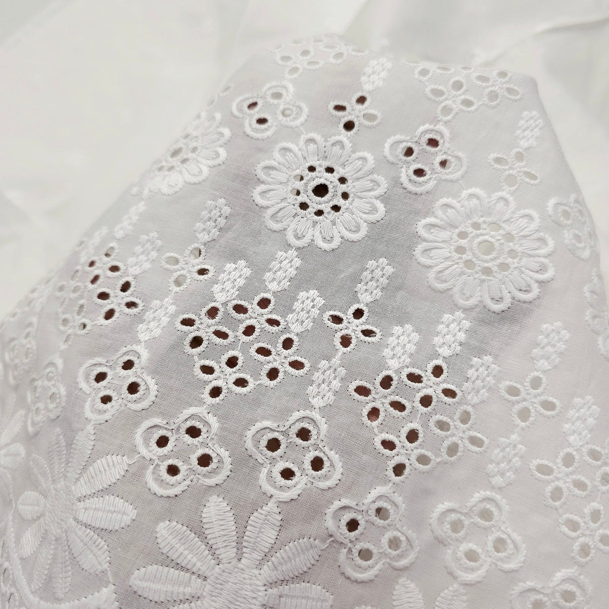 Off-White Cotton Fabric with all over Butta & Floral Cutwork Border