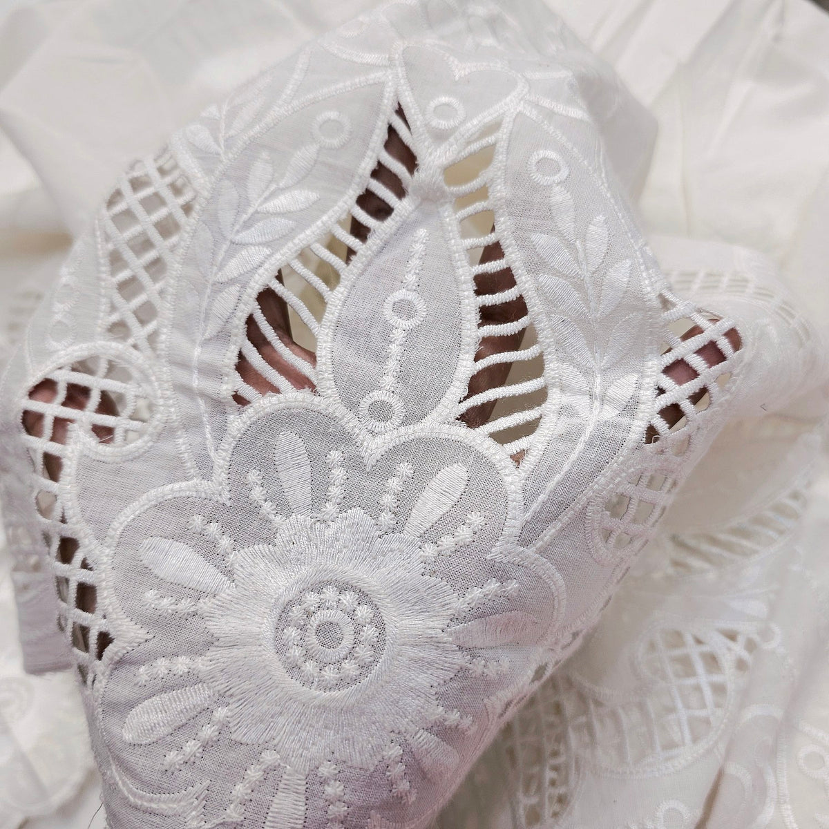 Off-White Cotton Fabric with all over Butta & Floral Cutwork Border