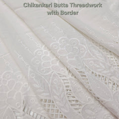 Off-White Cotton Fabric with all over Butta & Floral Cutwork Border