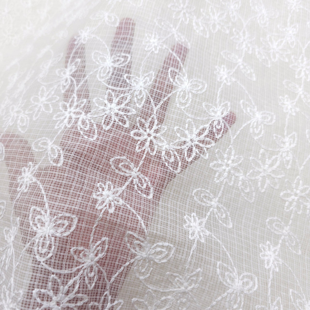 Off-White Chikankari Kota Doria Fabric with Floral Self Embroidery