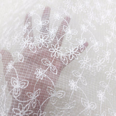 Off-White Chikankari Kota Doria Fabric with Floral Self Embroidery