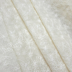 Off-White Chikankari Kota Doria Fabric with Floral Self Embroidery