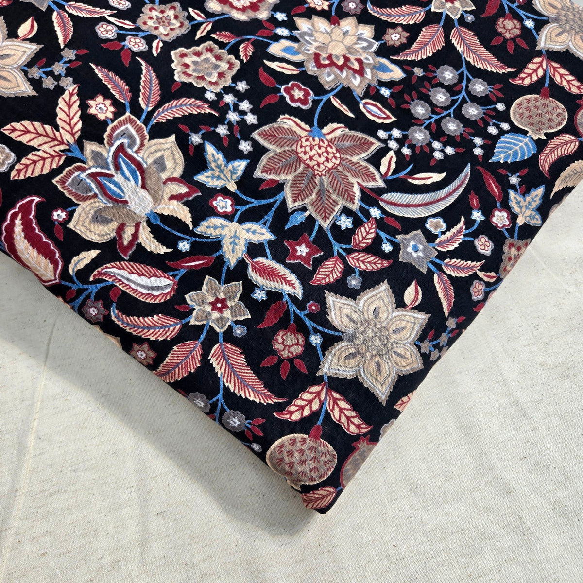 Digital Print Black Cotton Fabric with Contrast Floral Design