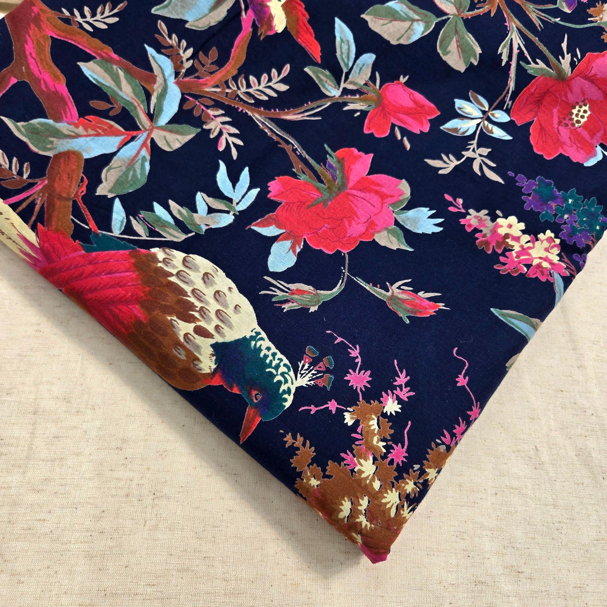 Digitally Printed Navy Blue Cotton Fabric with Floral & Bird Motifs
