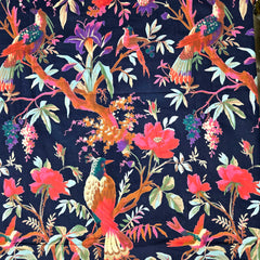 Digitally Printed Navy Blue Cotton Fabric with Floral & Bird Motifs