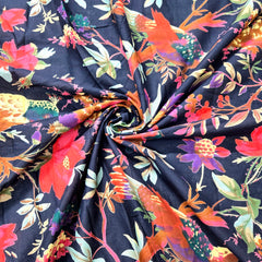 Digitally Printed Navy Blue Cotton Fabric with Floral & Bird Motifs