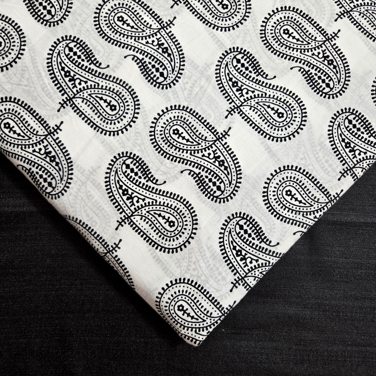 Warli - Digitally Printed Cotton Fabric with Paisley motif on White Base