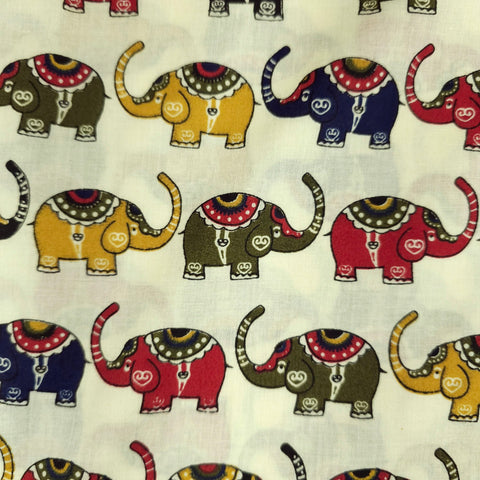 Gajraj Digitally Printed Cream Cotton Fabric with Elephant Motifs