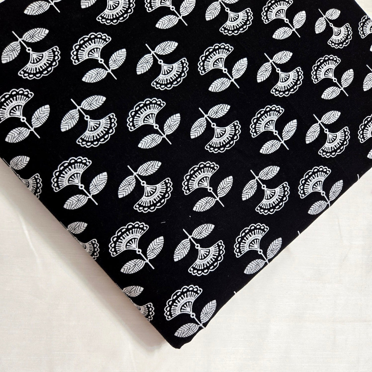 Warli - Digitally Printed Cotton Fabric with Floral motif on White Base
