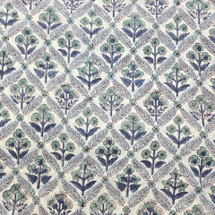 Digitally Printed Blue Flowers in Grid pattern on Off-white Mal Cotton Fabric