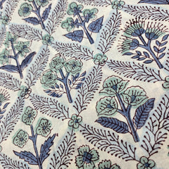 Digitally Printed Blue Flowers in Grid pattern on Off-white Mal Cotton Fabric