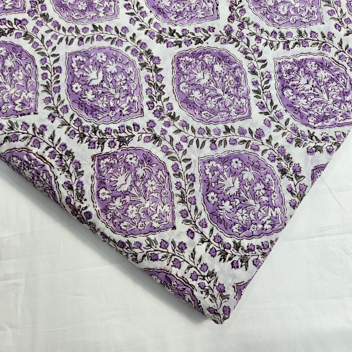 Digitally Printed Purple Flowers on Off-white Mal Cotton Fabric