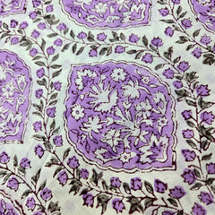 Digitally Printed Purple Flowers on Off-white Mal Cotton Fabric