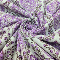 Digitally Printed Purple Flowers on Off-white Mal Cotton Fabric