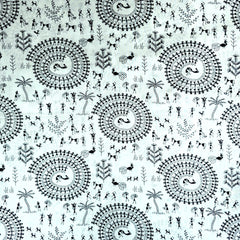 Warli - Tribal & Human Digitally Printed Cotton Fabric on White Base
