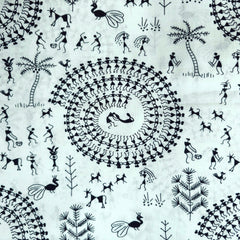 Warli - Tribal & Human Digitally Printed Cotton Fabric on White Base