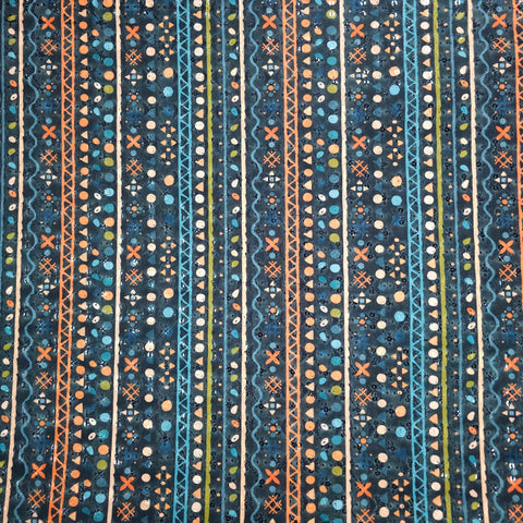 Mehek Printed Tribal Stripe On Black Cotton Fabric with Sequins