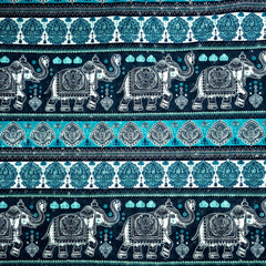 Mehek Royal Elephant & Lotus Printed Stripe on Blue Cotton Fabric with Sequins