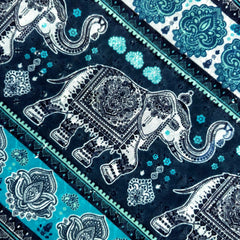 Mehek Royal Elephant & Lotus Printed Stripe on Blue Cotton Fabric with Sequins