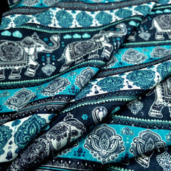 Mehek Royal Elephant & Lotus Printed Stripe on Blue Cotton Fabric with Sequins