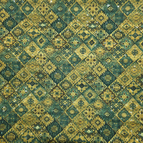 Mehek Mosaic Print on Olive & Teal Green Tones Cotton Fabric with Sequins