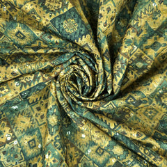 Mehek Mosaic Print on Olive & Teal Green Tones Cotton Fabric with Sequins