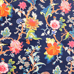 Digitally Printed Navy Blue Cotton Fabric with Contrast Floral Design