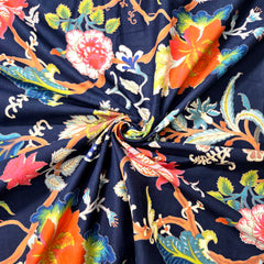 Digitally Printed Navy Blue Cotton Fabric with Contrast Floral Design