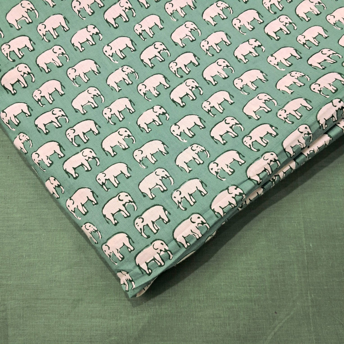 Gajraj Digitally Printed  Pastel Green Cotton Fabric with Elephant Motif