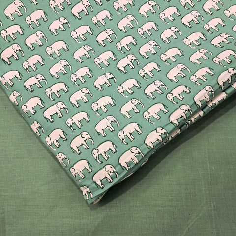 Gajraj Digitally Printed  Pastel Green Cotton Fabric with Elephant Motif