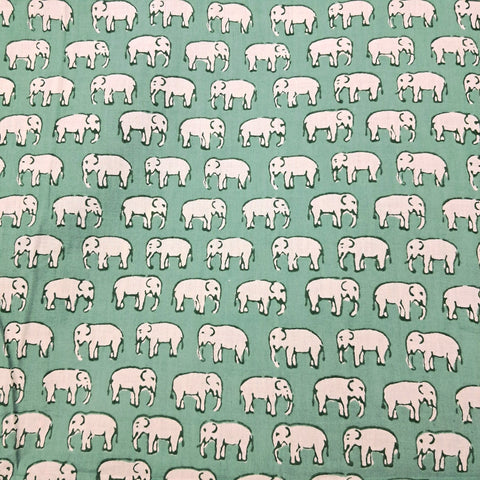 Gajraj Digitally Printed  Pastel Green Cotton Fabric with Elephant Motif
