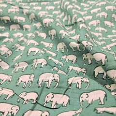 Gajraj Digitally Printed  Pastel Green Cotton Fabric with Elephant Motif