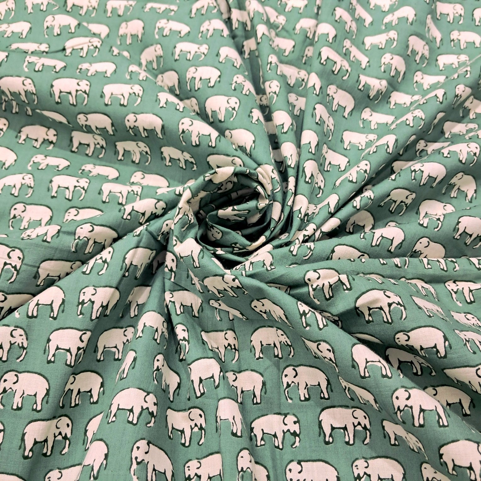 Gajraj Digitally Printed  Pastel Green Cotton Fabric with Elephant Motif