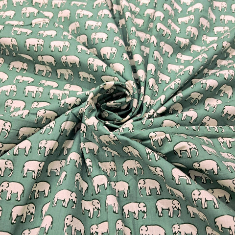 Gajraj Digitally Printed  Pastel Green Cotton Fabric with Elephant Motif