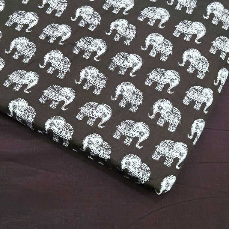 Gajraj Digitally Printed Umber Cotton Fabric with Elephant Motifs