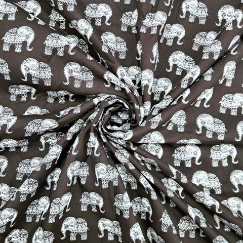 Gajraj Digitally Printed Umber Cotton Fabric with Elephant Motifs