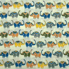 Gajraj Digitally Printed Beige Cotton Fabric with Elephant Motifs