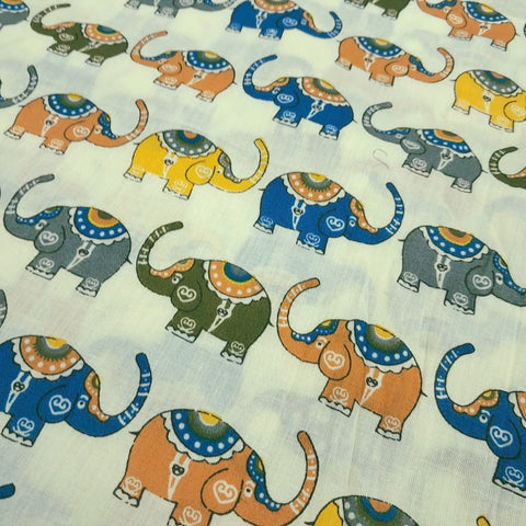 Gajraj Digitally Printed Beige Cotton Fabric with Elephant Motifs