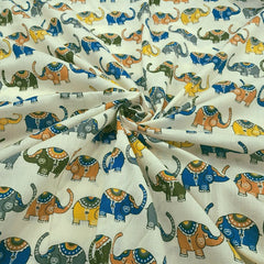 Gajraj Digitally Printed Beige Cotton Fabric with Elephant Motifs